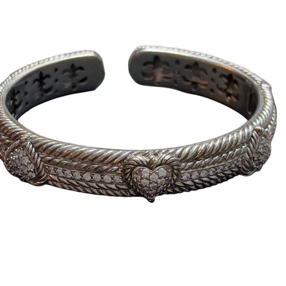 Judith Ripka Heart 925 Silver Cuff Bracelet Hinged Bangle CZ Jewelry